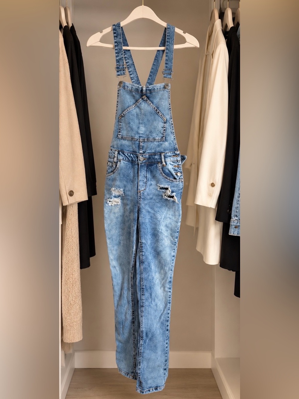 Light Wash Distressed Denim Overalls - Blue